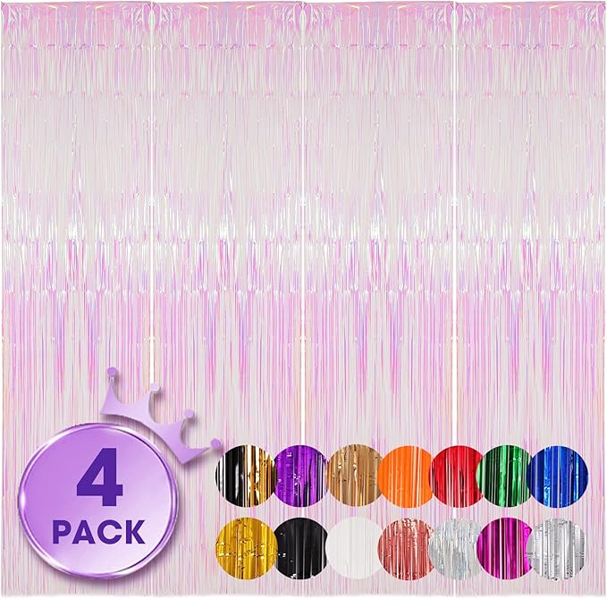 Voircoloria 4 Pack Iridescent Transparent Foil Fringe Backdrop