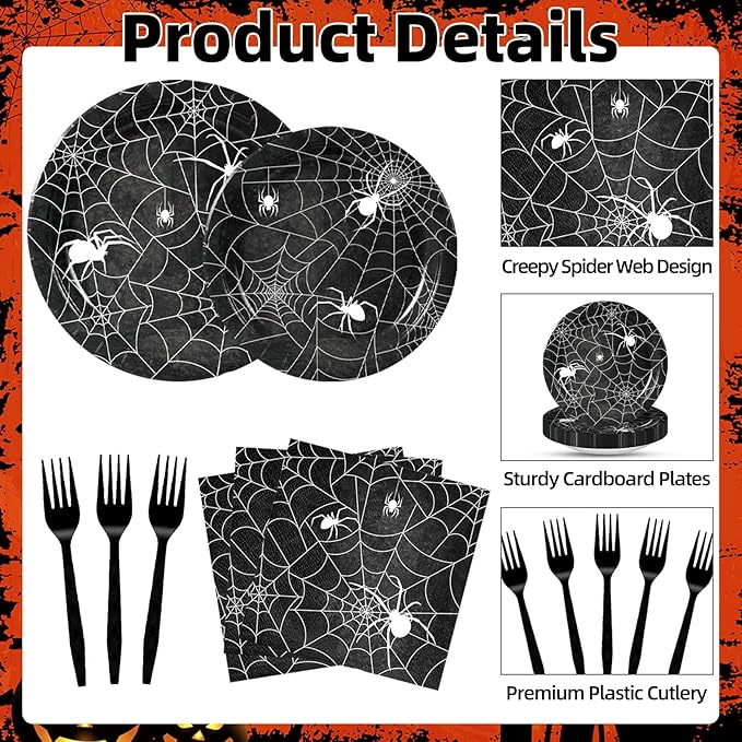 100 Pcs Halloween Spider Web Tableware Party Supplies Set Serves 25