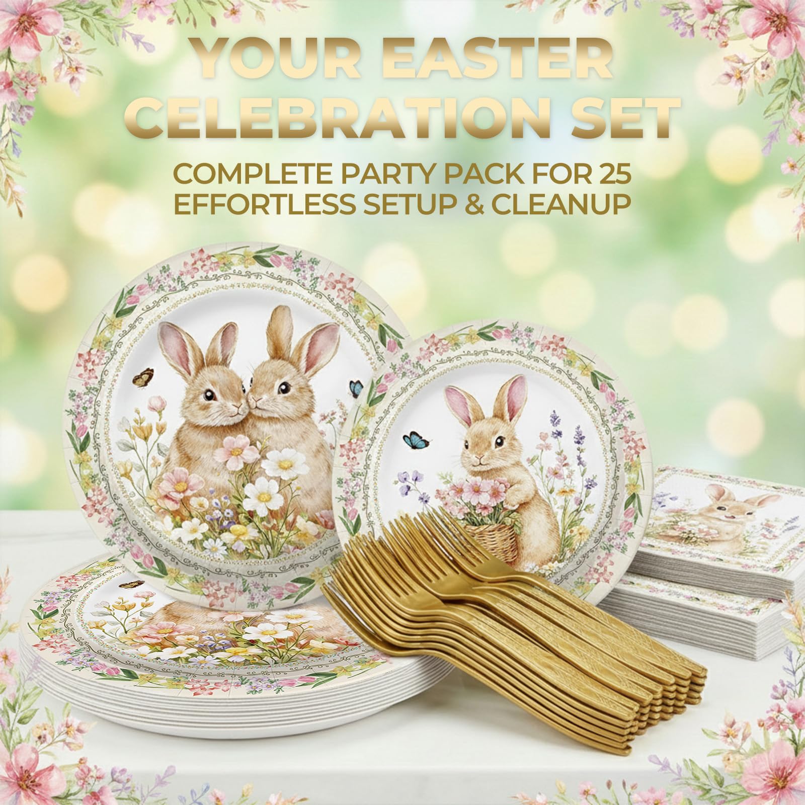 Tedercle 100 Pcs Easter Bunny Tableware Party Supplies, Serves 25