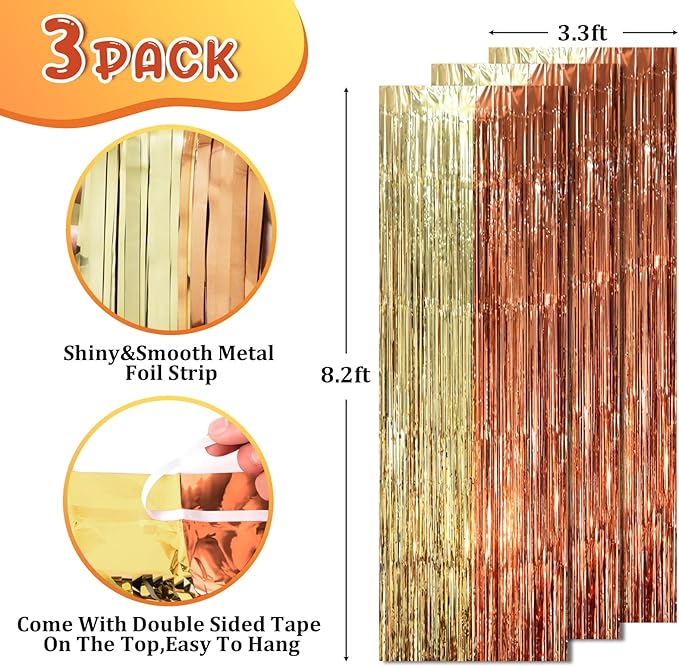 Voircoloria 3 Pack 3.3 x 8.2 ft Rose and Champion Foil Fringe