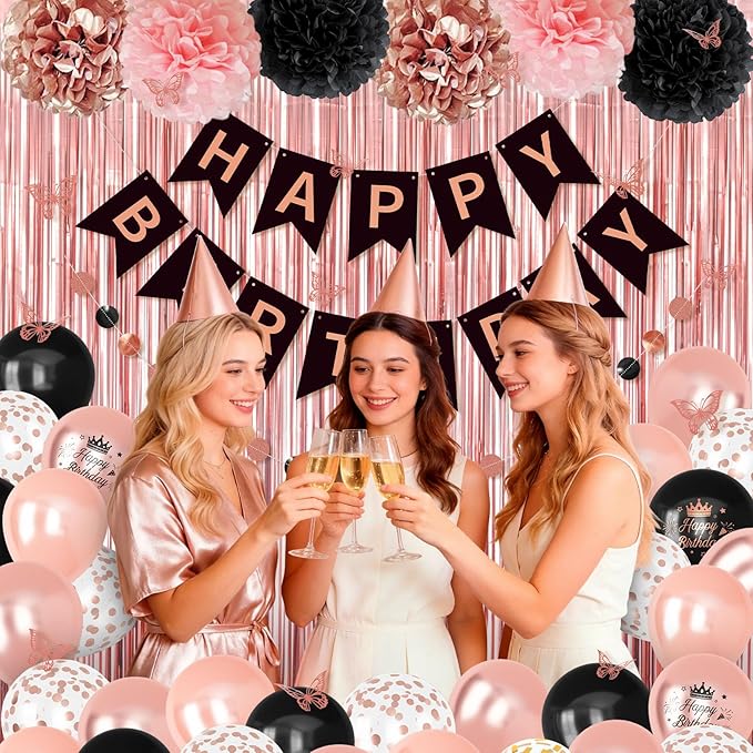 Rose Gold and Black Birthday Decorations for Women Girls, Pearl Rose