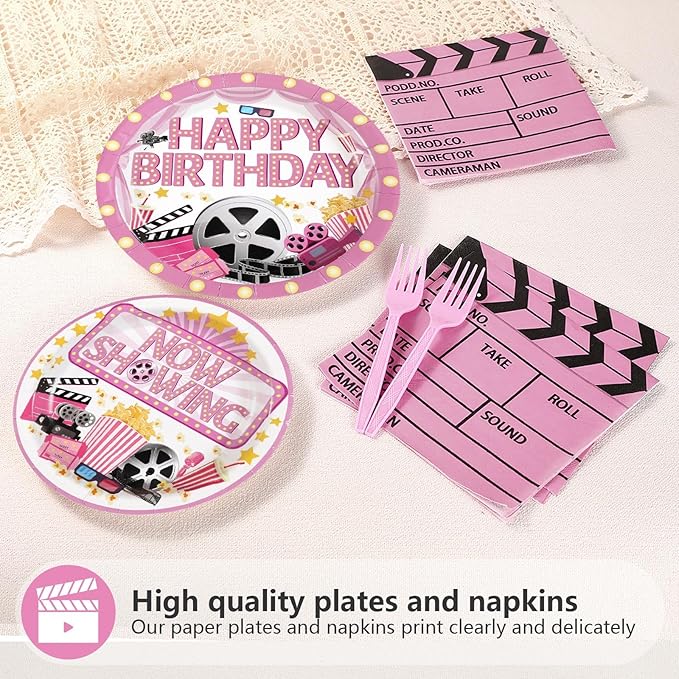 96Pcs Movie Night Party Decorations Pink Movie Plates and Napkins