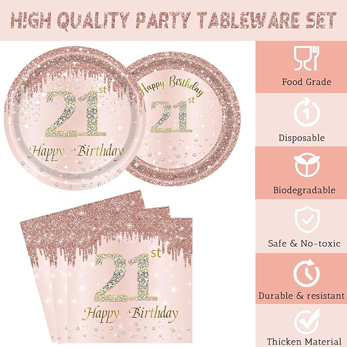 24 Sets 21st Rose Gold Birthday Party Decrations for Women 21