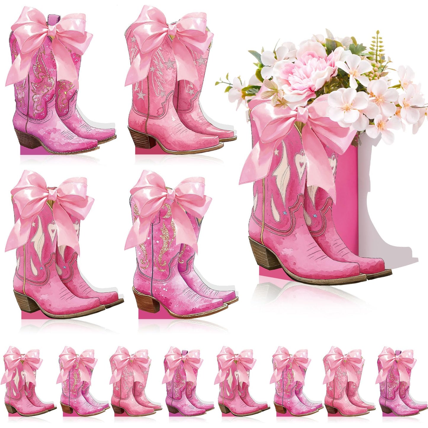 Memorywuu 12 Set Pink Western Cowgirl Bow Boots Flower Boxes