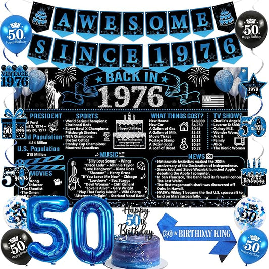 50th Birthday Decorations for Men Black Blue Back in 1976 Poster