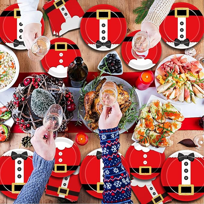 96 Pcs Santa Christmas Paper Plates Santa Claus Suit Disposable