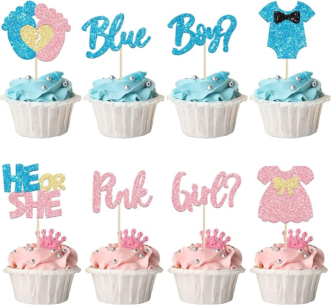 24Pcs Boy or Girl Cupcake Toppers Glitter Feet Onesie Dress Gender
