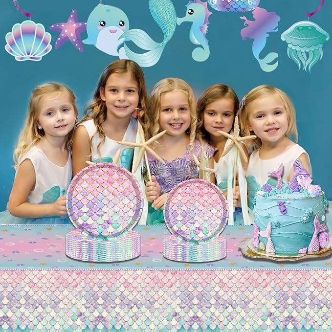 48 Pcs Mermaid Birthday Party Decorations Plates Set for 24
