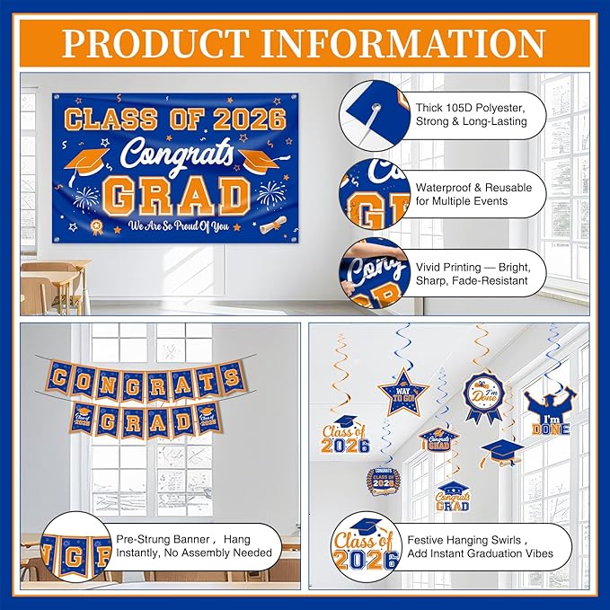 Graduation Decorations 2026 Blue and Orange Graduation Party Decor