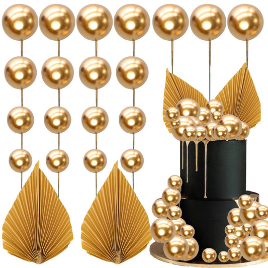 Ephlyn 28Pcs Paper Palm Fan Cake Topper Balls Cake Pick for Baby Gold