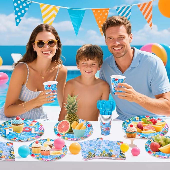 Pool Party Supplies Summer Decorations include Pool Party Plates