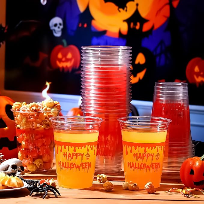 100 Pcs Halloween Plastic Cups 16 oz Clear Disposable Blood Print