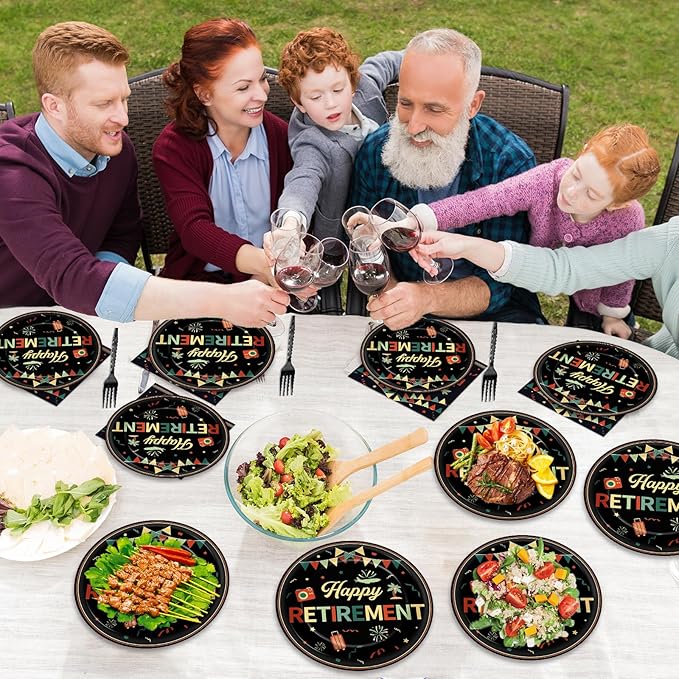 96 PCS Retirement Party Paper Plates Napkins Colorful Vintage