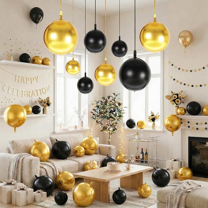 Togvu Black Gold Round Foil Balloons, 16PCS Different Sizes 4D