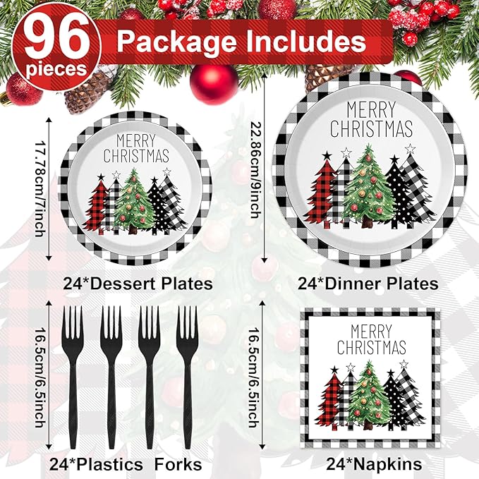 96 Pieces Buffalo Plaid Christmas Tree Tableware Set for Christmas