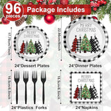96 Pieces Buffalo Plaid Christmas Tree Tableware Set for Christmas