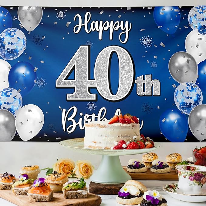 Happy 40th Birthday Decorations 40th Blue & Silver Balloon Large