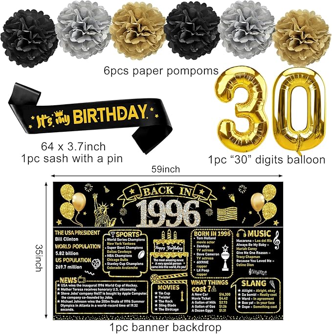 30th Birthday Decorations for Men Women 21pcs the Year 1996 Banner