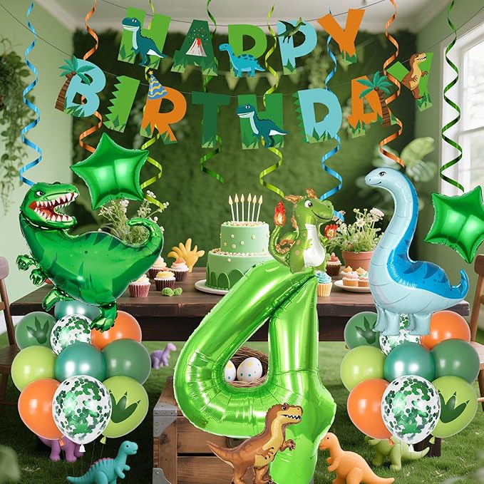 Dinosaur 4th Birthday Party Decorations for Boys Girls Foil Green