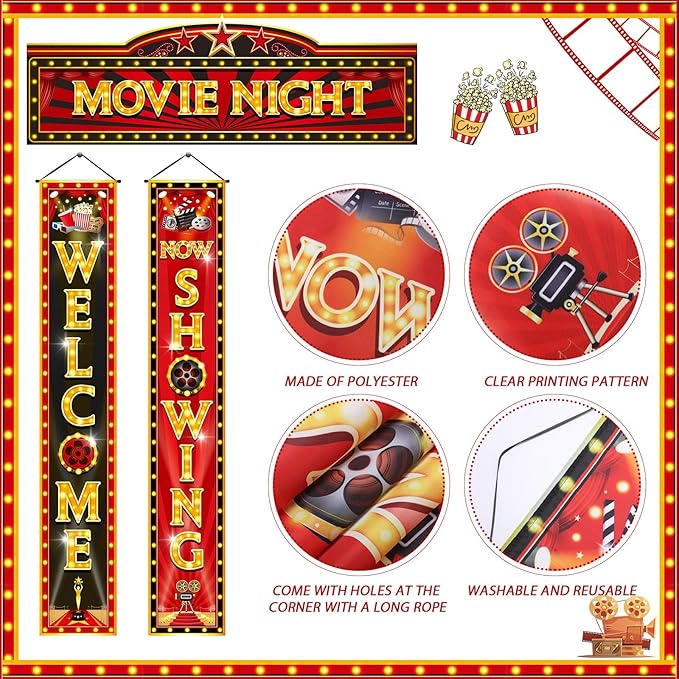 3 Pcs Movie Night Porch Banner Decorations Movie Theme Party Hanging