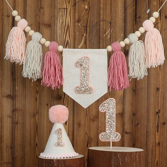 Pink 1st Birthday Decoration High Chair Banner for Girl 1st Birthday