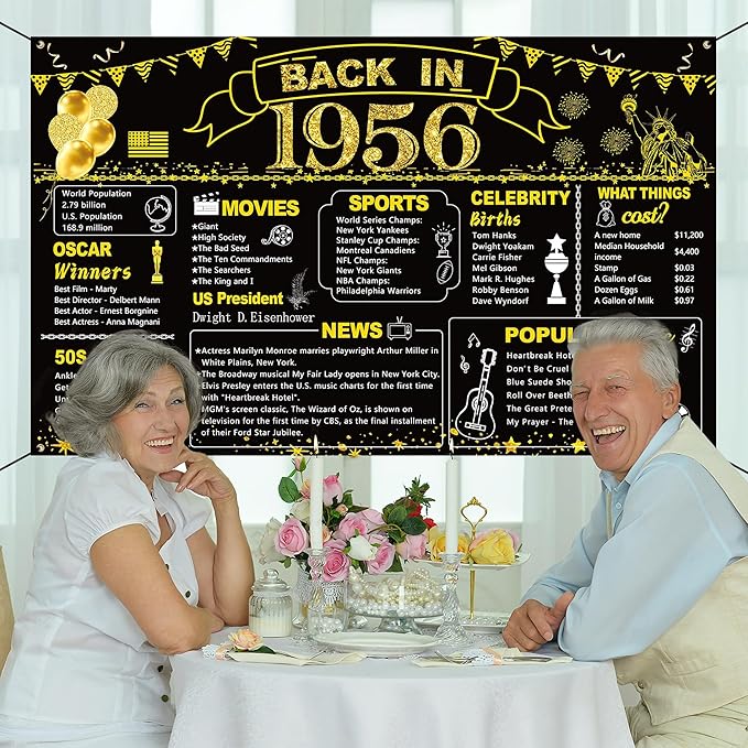 DARUNAXY 70th Birthday Black Gold Party Decoration, Back in 1956