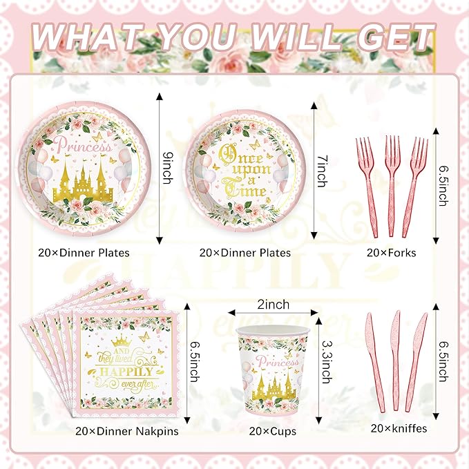 120PCS Princess Party Supplies for Girls Kids Baby Shower 1st