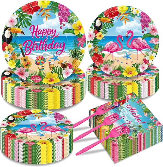 100 Pcs Tropical Aloha Flamingo Birthday Party Supplies Set Serves