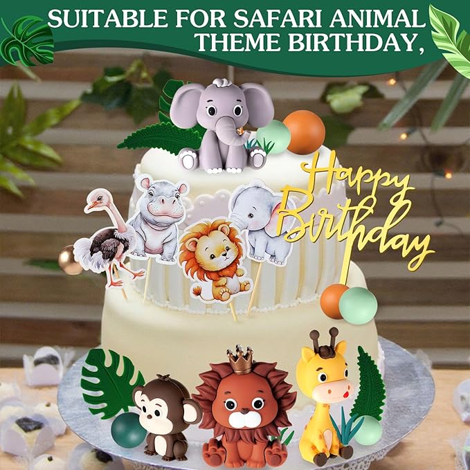42 Pcs Safari Jungle Animal Cake Toppers Wild One Lion Giraffe