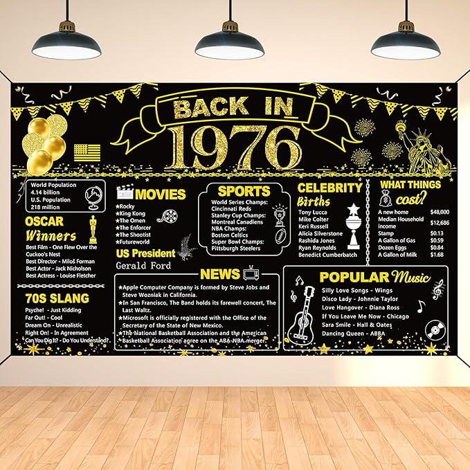 DARUNAXY 50th Birthday Black Gold Party Decoration, Back in 1976