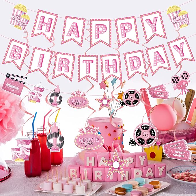 Pink Movie Night Party Decorations Kit 2pcs Popcorn Camera & Film