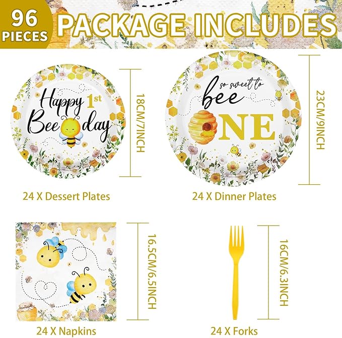 96Pcs Bee 1st Birthday Party Supplies Honey Bee Baby Shower Plates