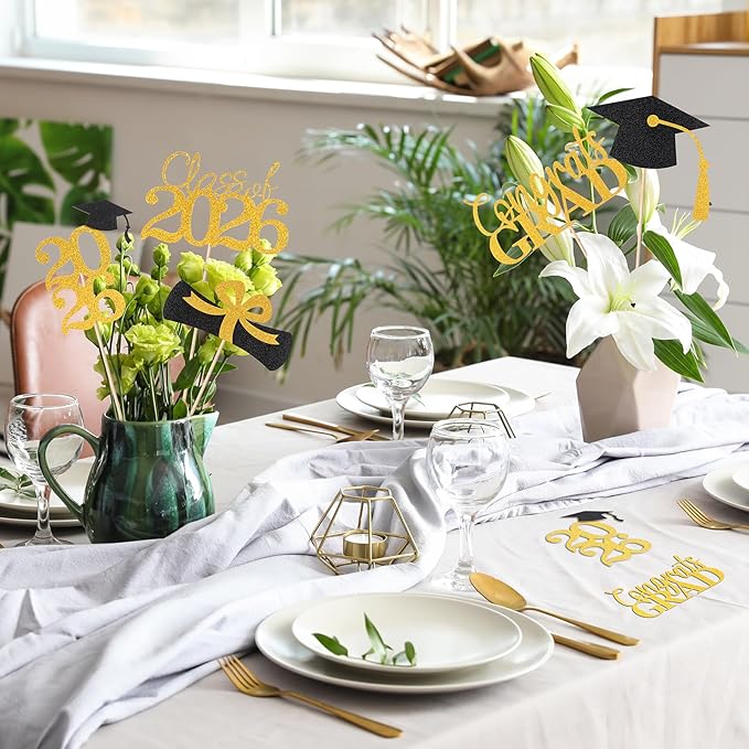 Graduation Decorations 2026, 20 PCS Sparkling Black and Gold