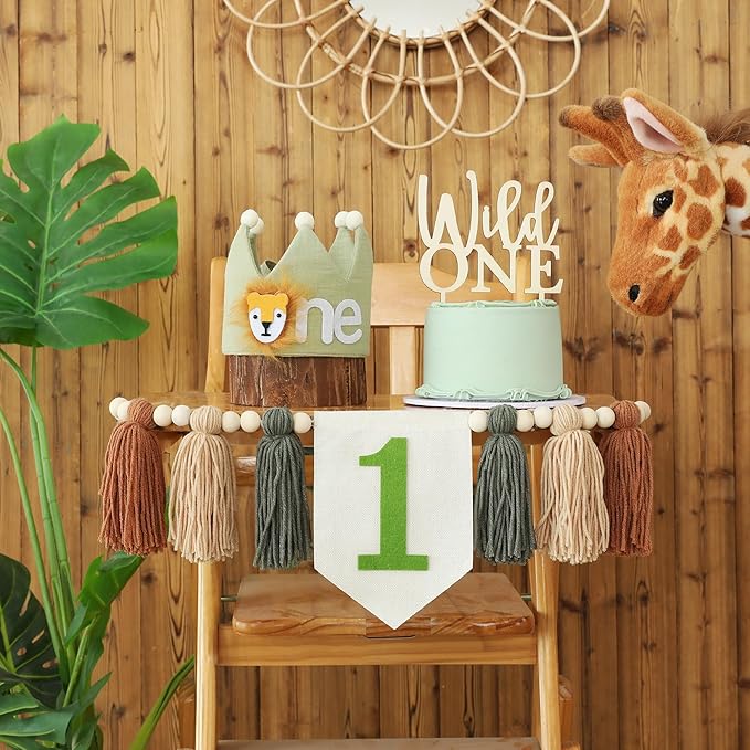 Wild One 1st Highchair Banner Wood Bead Tassel Garland Lion Crown