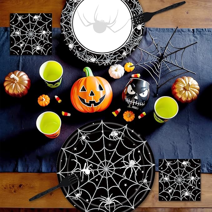 96 Pieces Halloween Tableware Set Spider Web Themed Disposable Party