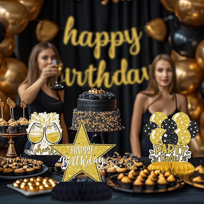 Black and Gold Birthday Decorations – 12Pcs Honeycomb Table