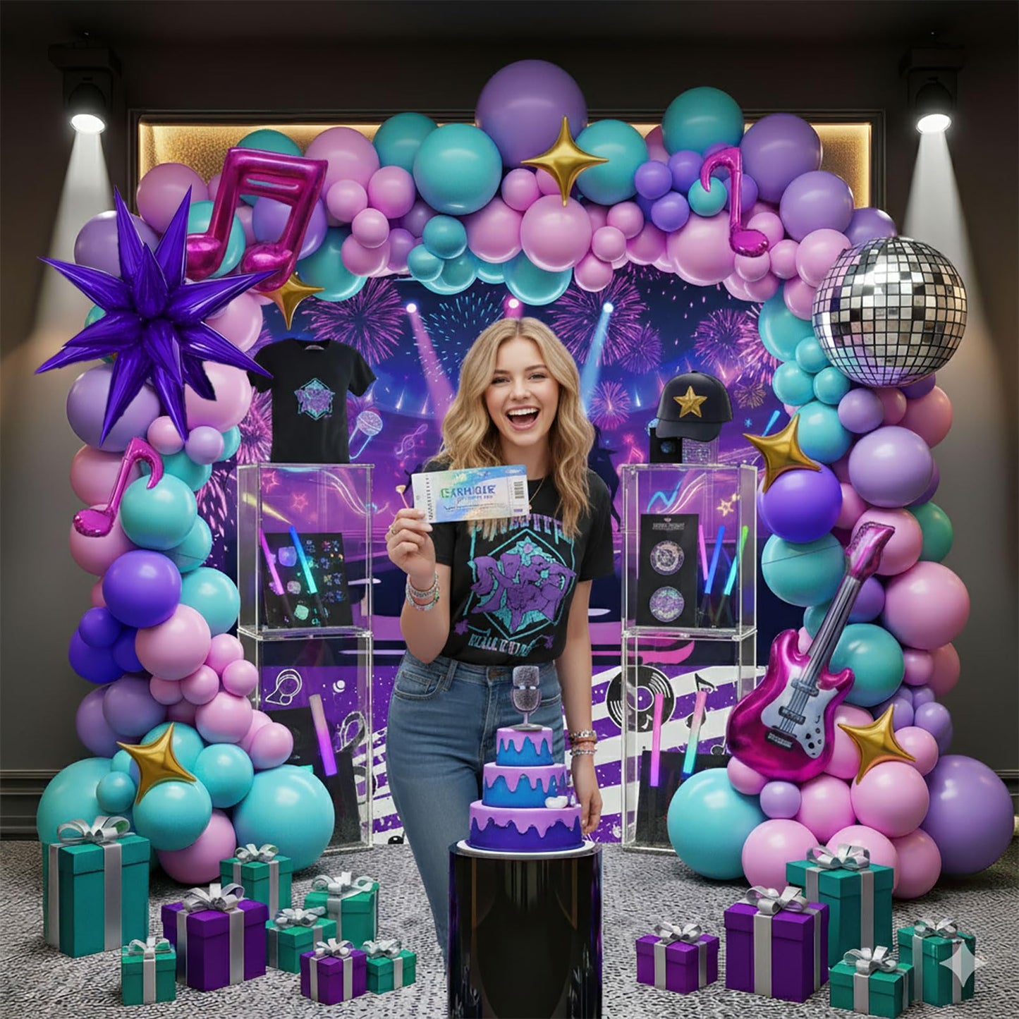 Purple pink Balloon Arch Garland Kit with Banner Musical symbols Disco