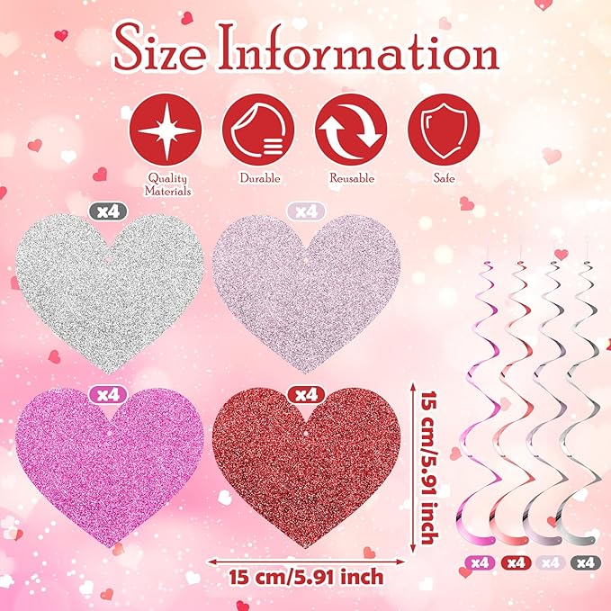 32 Pcs Valentines Party Decorations Pink Red Heart Hanging Swirls