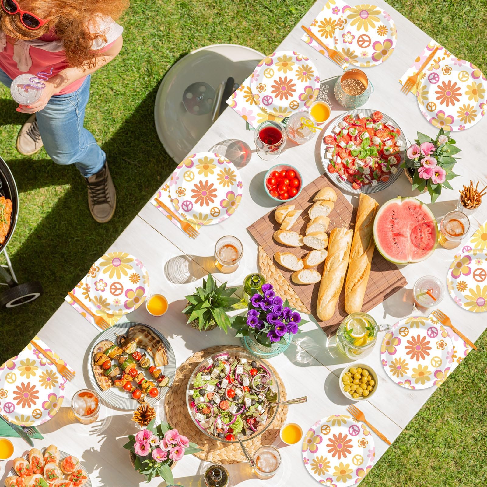 ZOIIWA 200 PCS Groovy Birthday Tableware Disposable Hippie Daisy