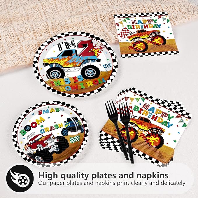 96 Pcs Monster Cartoon Truck 2nd Birthday Party Supplies I'm 2 Truck
