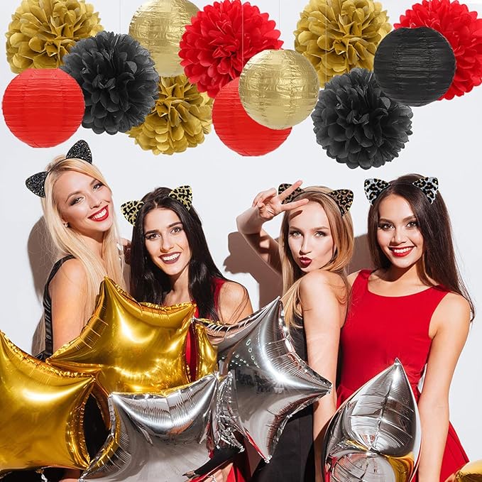 Red Black Gold Party Decorations Paper Flowers Lanterns 15PCS Casino