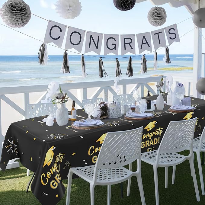 Slergut Graduation Tablecloth 3 Pack, Black and Gold Graduation