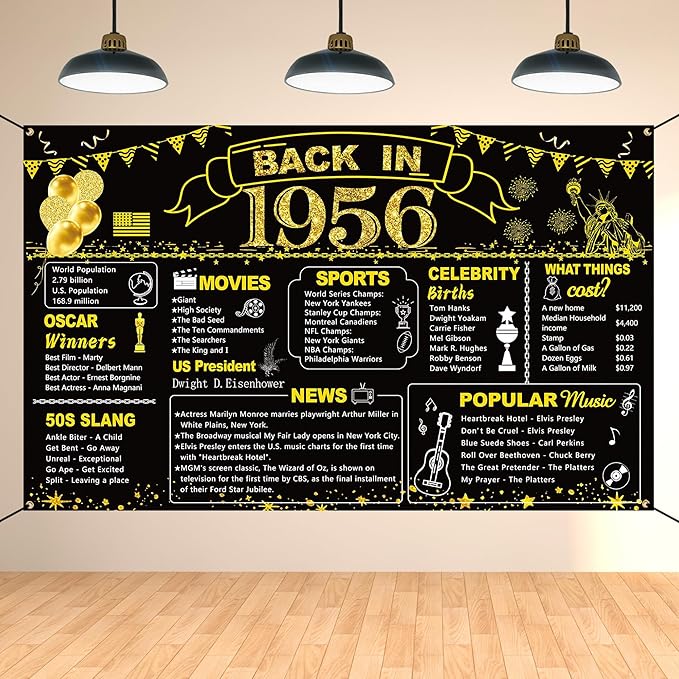 DARUNAXY 70th Birthday Black Gold Party Decoration, Back in 1956