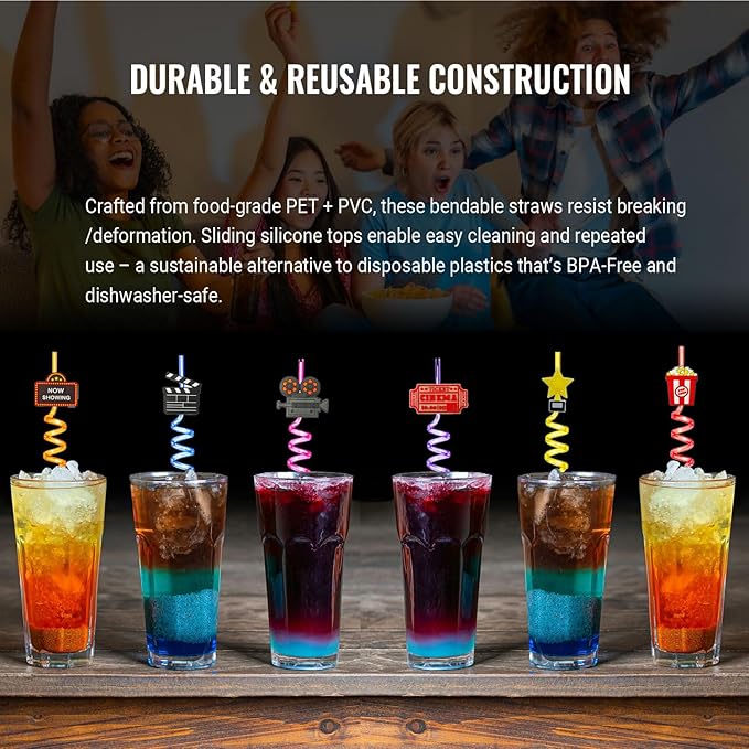 Movie Night Supplies 30 Pack Drinking Straws Bendable Movie Theme
