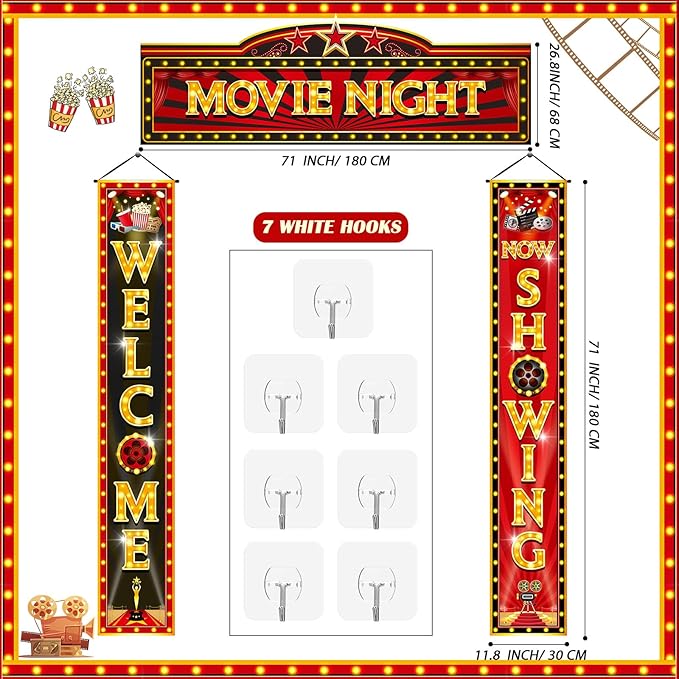 3 Pcs Movie Night Porch Banner Decorations Movie Theme Party Hanging
