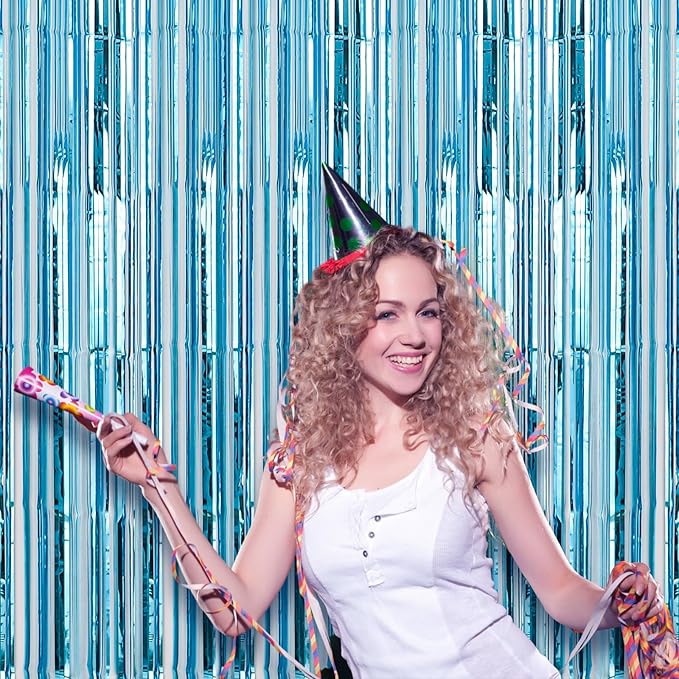 Voircoloria 2 Pack 3.3x8.2 Feet Light Blue Foil Fringe Backdrop