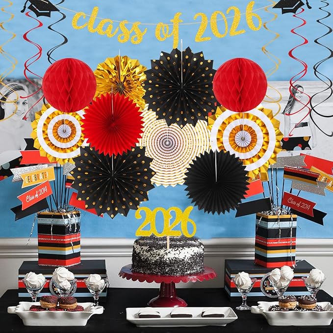 Red-Black Gold Party-Decorations Graduation Banner-Streamers - 18pcs K