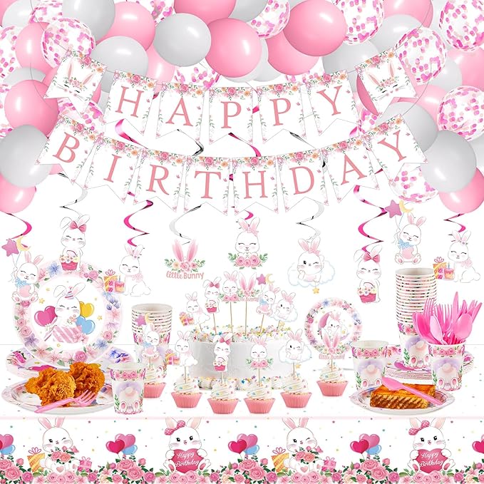 153 Pcs Easter Bunny Birthday Party Decorations Kit with Bunny