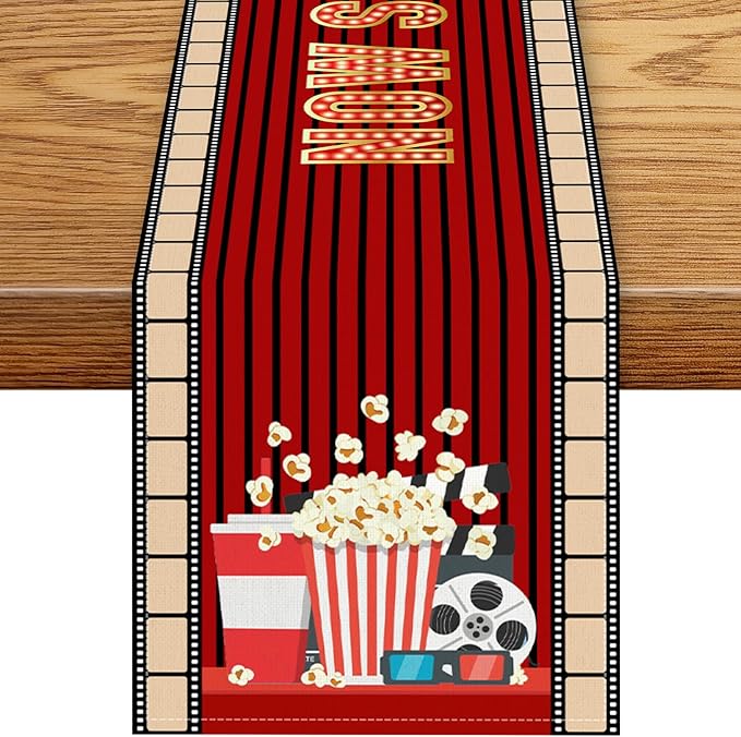 Movie Night Table Runner, Vintage Film Popcorn Tape Now Showing Movie