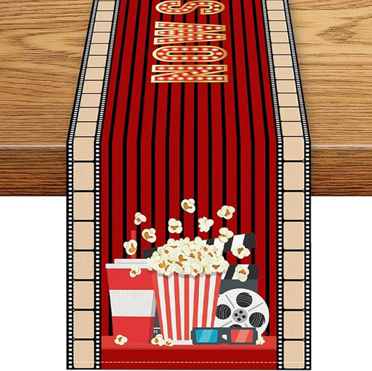 Movie Night Table Runner, Vintage Film Popcorn Tape Now Showing Movie